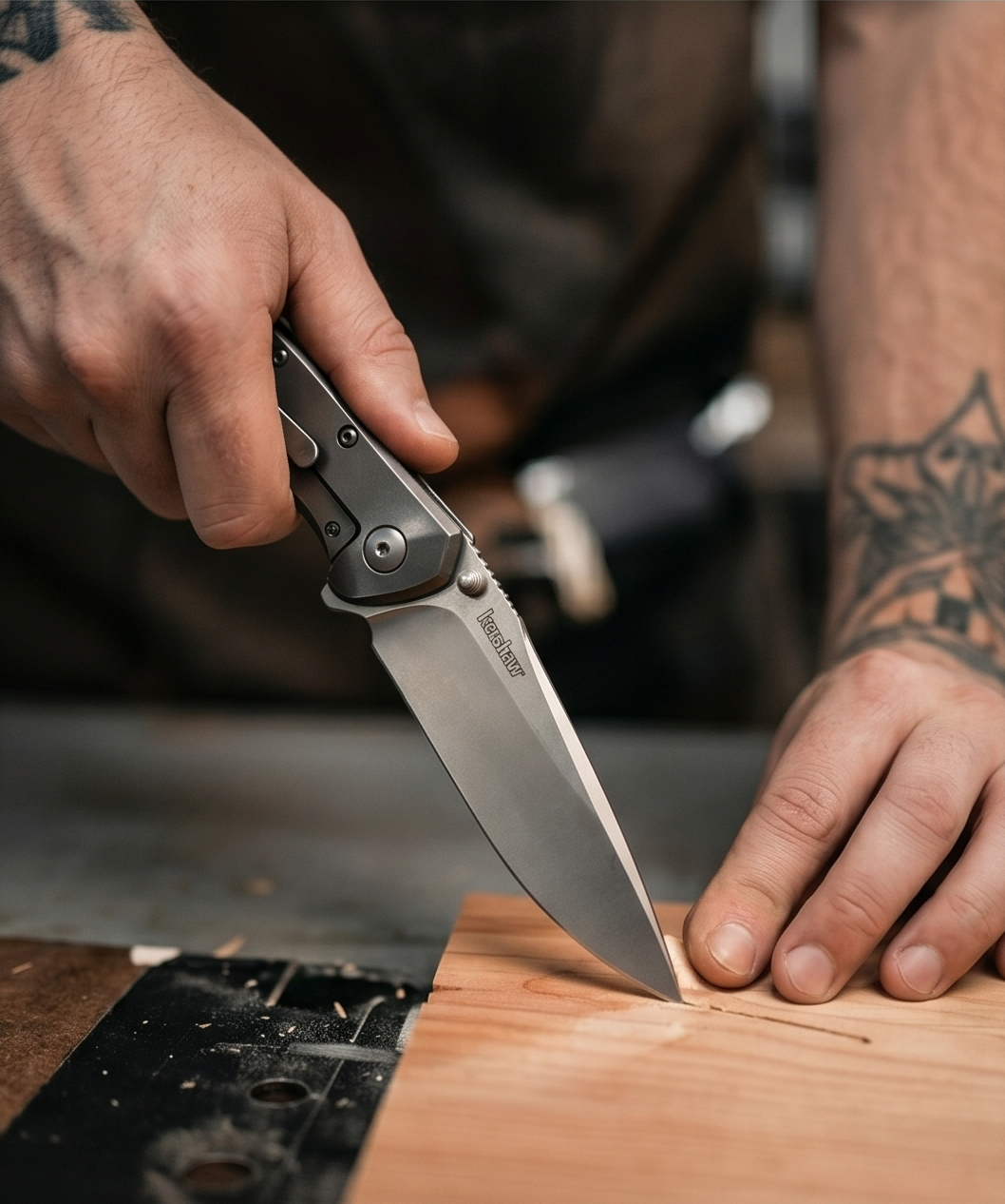 Hands holding folding pocket knife